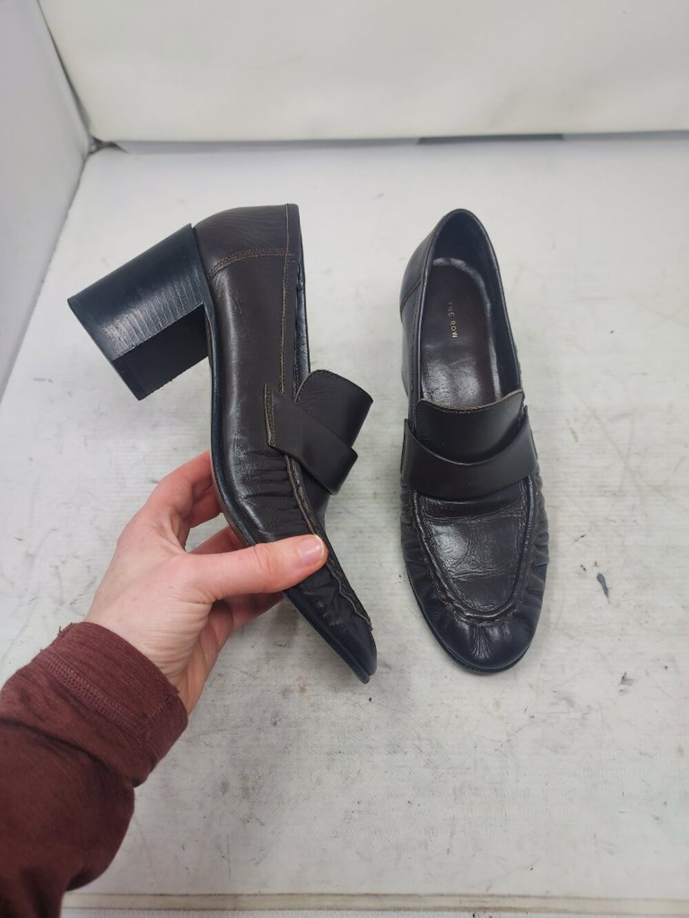 The Row Espresso Dark Brown Leather Rouched Heel Loafer Pump